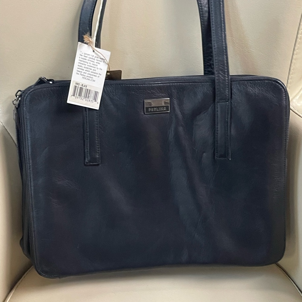 Perlina Dark Navy Leather Brief Tote
